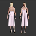Blonde Women in Pink Dresses Wearing High Heels Front and Back Against Dark Background