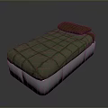Modern Single Bed With Green Plaid Mattress Brown Pillow And Silver Metal Frame