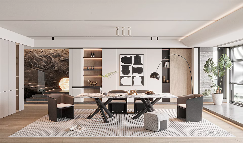 Modern Open Restaurant Interior With Marble Dining Table Black Chairs And Pendant Lights 3d model 