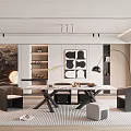 Modern Open Restaurant Interior With Marble Dining Table Black Chairs And Pendant Lights