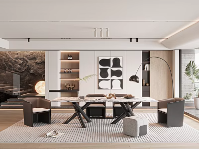 Modern Open Restaurant Interior With Marble Dining Table Black Chairs And Pendant Lights 3d model