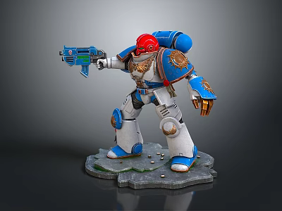 Blue White Red Armored Game Movie Robot Character Golden Details Holding Gun On Stone Base 3d model