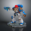 Blue White Red Armored Game Movie Robot Character Golden Details Holding Gun On Stone Base