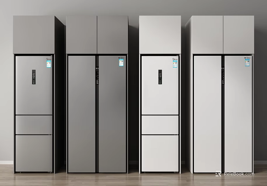 Modern Silver and White Refrigerators Featuring Various Door Styles on 3d model