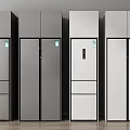 Modern Silver and White Refrigerators Featuring Various Door Styles on 3d model