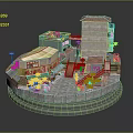 Detailed Miniature Town Scene With Various Buildings Stairs Plants And Street Lamps