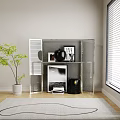 Modern Metal Shelving Unit with Black Vase Photo Frame Books Green Plant and White Wall