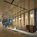Elegant Modern Hotel Lobby Interior Design With Bonsai Tree Sofa Seating And Turquoise Wall Art