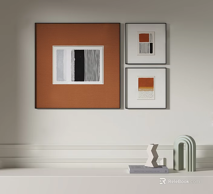 Modern Decorative Paintings On White Wall With Geometric Patterns And Abstract Objects 3d model
