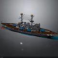 Vintage Battleship Model With Brown Deck Blue Hull Turrets And Reflective Surface 3d model