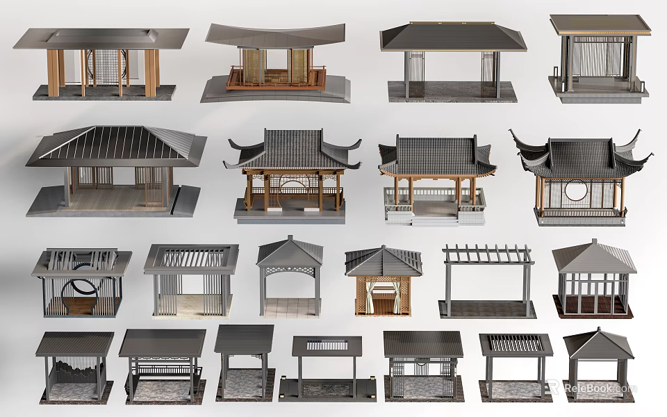 Traditional Chinese Architectural Models With Various Roof Designs And Wooden Structures 3d model 