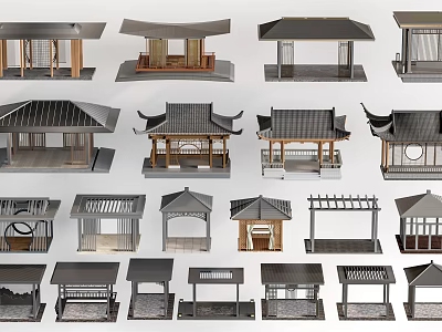 Traditional Chinese Architectural Models With Various Roof Designs And Wooden Structures 3d model