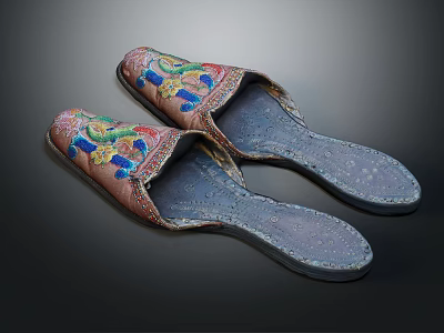 Traditional Embroidered Slippers With Colorful Dragon Patterns And Soft Gray Soles 3d model
