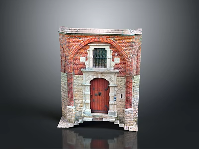 Red Brick Building Entrance With Arched Red Wooden Door And Iron Grille Window 3d model