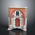 Red Brick Building Entrance With Arched Red Wooden Door And Iron Grille Window