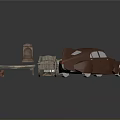 Vintage Car Model And Wooden Scenery Components With Bench Crate House And Shelf