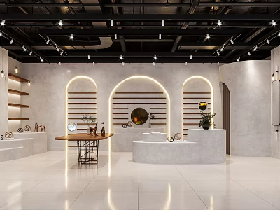 Modern Mall Store Interior With Arched Doorways Open Layout Display Counters And Decorative Shelves 3d model