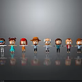 Row of Cartoon Characters with Different Hairstyles Clothing Accessories Grey Background Reflections