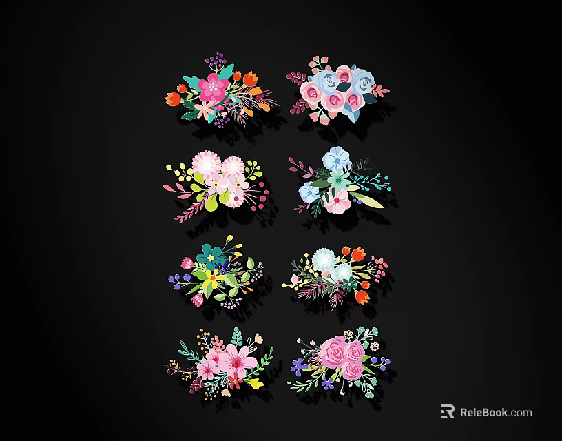 Colorful Hand Drawn Flower Bouquets on Black Background with Decorative Designs 3d model 