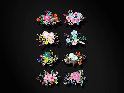 Colorful Hand Drawn Flower Bouquets on Black Background with Decorative Designs 3d model