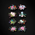 Colorful Hand Drawn Flower Bouquets on Black Background with Decorative Designs