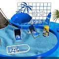Colorful Summer Water Park With Inflatable Blue Pool Slide Palm Trees And Surfboards
