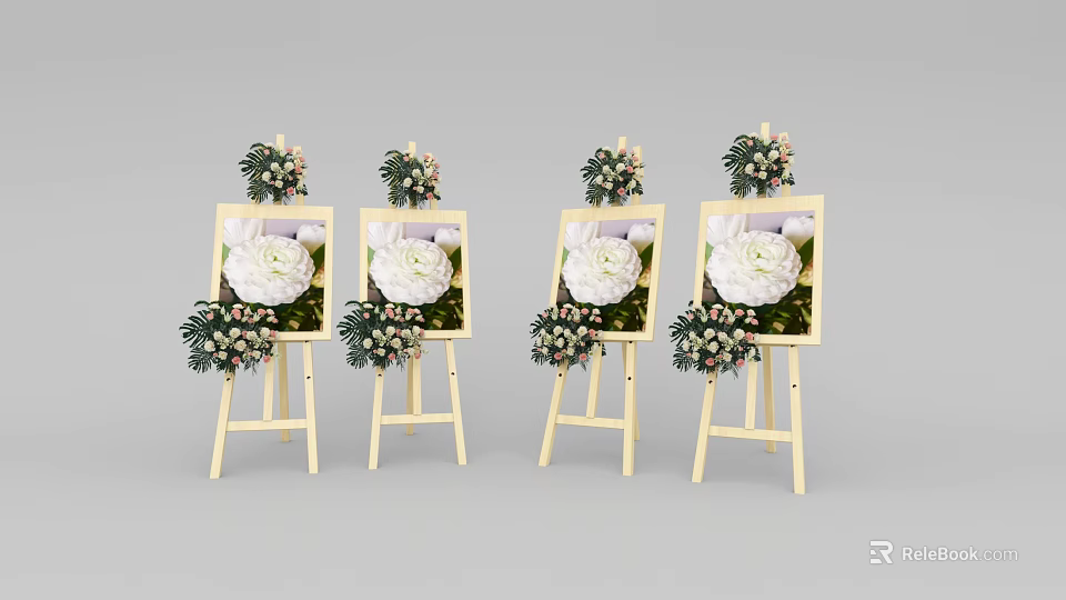 Wooden Art Easels With Framed White Flower Paintings And Decorative Bouquets 3d model 