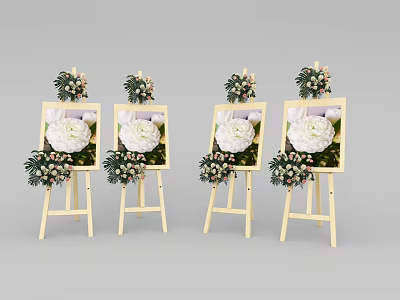 Wooden Art Easels With Framed White Flower Paintings And Decorative Bouquets 3d model