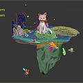 Whimsical 3D Floating Island Scene With White Cat Colorful Mushrooms And Small Fish