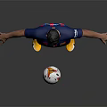Man Standing in Blue and Red Striped Football Jersey with Soccer Ball at Feet