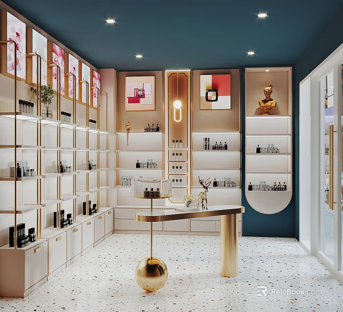 Modern Boutique Store Interior With White Display Shelves And Product Displays 3d model 