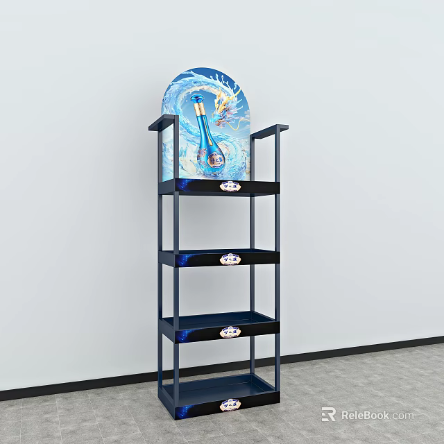 Blue Display Shelf with Four Tier Design Decorative Wave Pattern Backdrop and Glass Bottle 3d model