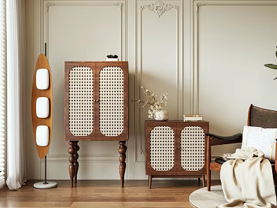 Stylish Wooden Decorative Cabinets With Rattan Doors And Floor Lamp In Elegant Interior 3d model
