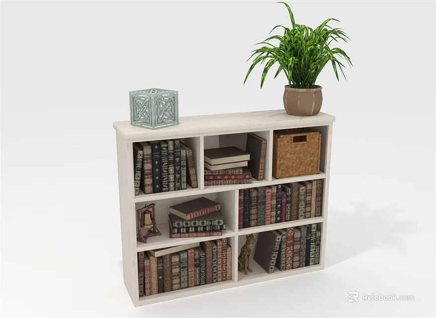White Bookcase With Multiple Shelves Books Basket Decorative Item And Plant On Top 3d model 
