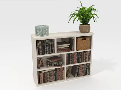 White Bookcase With Multiple Shelves Books Basket Decorative Item And Plant On Top 3d model