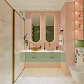 Hotel Bathroom Interior With Pink And Green Design Floral Tiles Vanity Mirror And Cabinets