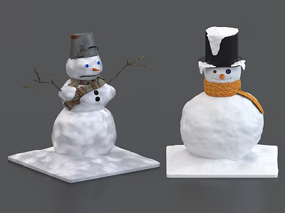 Two Snowmen Decorative Ornament Set With Hats Scarves And White Bases 3d model