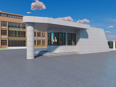 Modern White Guard Booth With Glass Windows Building Background And Gray Pavement Under Blue Sky 3d model