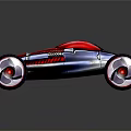 Red And Silver Futuristic Racing Car Streamlined Body With Large Red Rimmed Wheels Reflective Surface