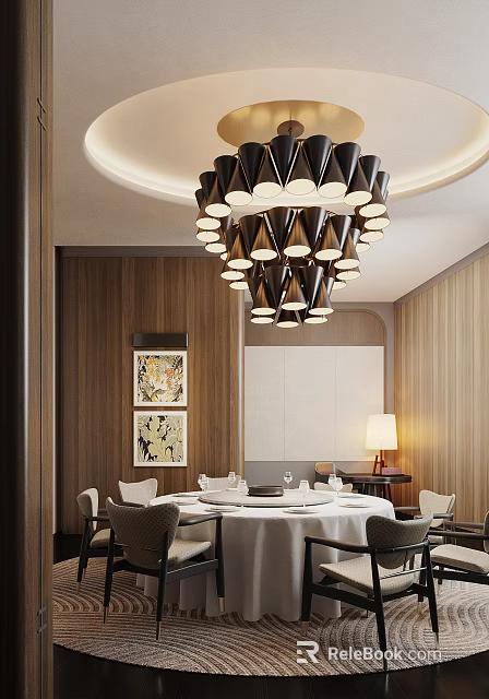 Private Dining Room Interior Design With Round Table Chairs Chandelier Wooden Walls And Table Lamp 3d model 
