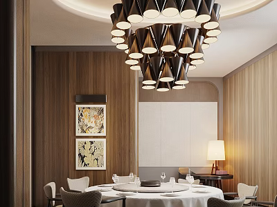 Private Dining Room Interior Design With Round Table Chairs Chandelier Wooden Walls And Table Lamp 3d model