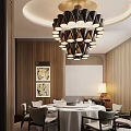 Private Dining Room Interior Design With Round Table Chairs Chandelier Wooden Walls And Table Lamp