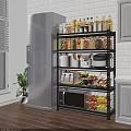 Organized Kitchen Interior With Multitier Storage Shelf Jars Bottles Toaster Microwave And Fruits Vegetables