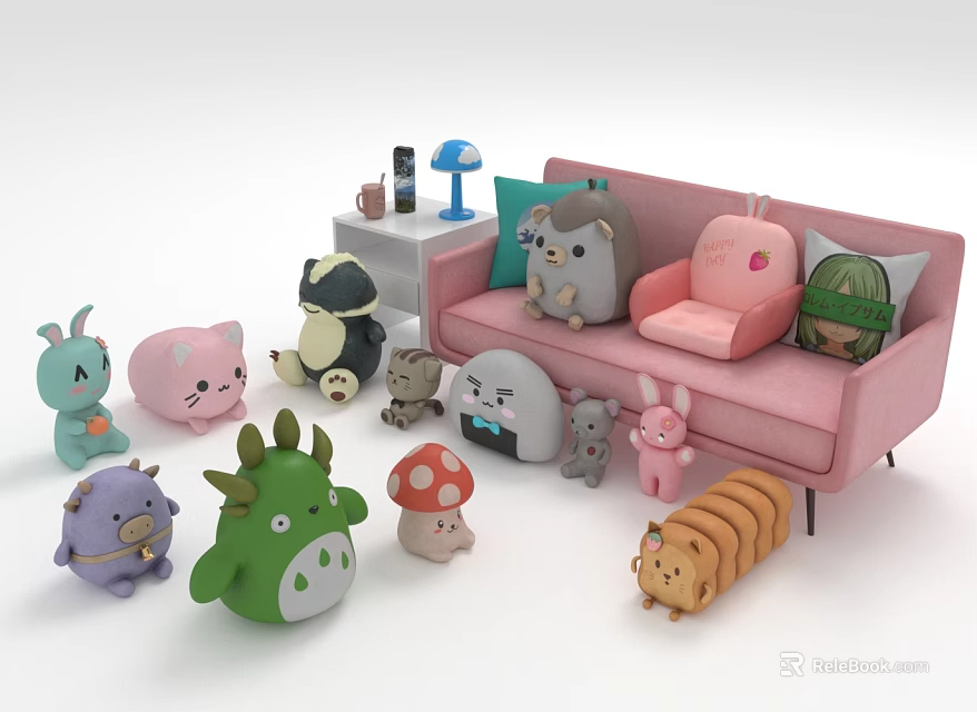 Cute Colorful Plush Toys with Dinosaur Rabbit Cat and Mushroom Shapes Around Pink Sofa 3d model 