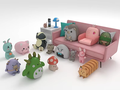 Cute Colorful Plush Toys with Dinosaur Rabbit Cat and Mushroom Shapes Around Pink Sofa 3d model