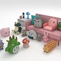 Cute Colorful Plush Toys with Dinosaur Rabbit Cat and Mushroom Shapes Around Pink Sofa