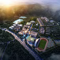 Aerial View of School Buildings With Surrounding Mountains Lake Greenery Sports Field and Roads