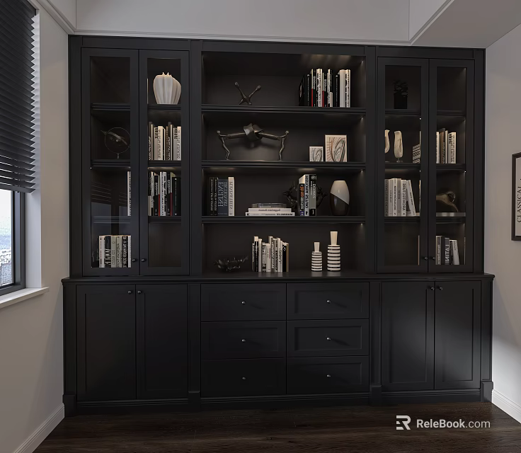 Modern Black Interior Display Cabinet With Multiple Compartments Drawers Books And Decorative Items 3d model 