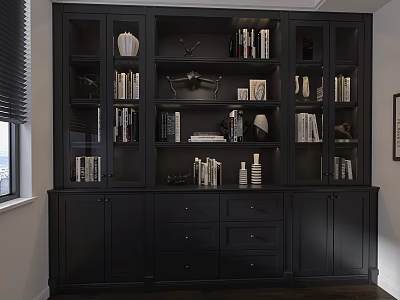 Modern Black Interior Display Cabinet With Multiple Compartments Drawers Books And Decorative Items 3d model