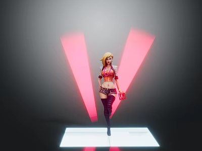 Blonde Female Character And Mythical Creature Standing On Glowing White Platform With Pink Light Beams Red Top Black Boots 3d model